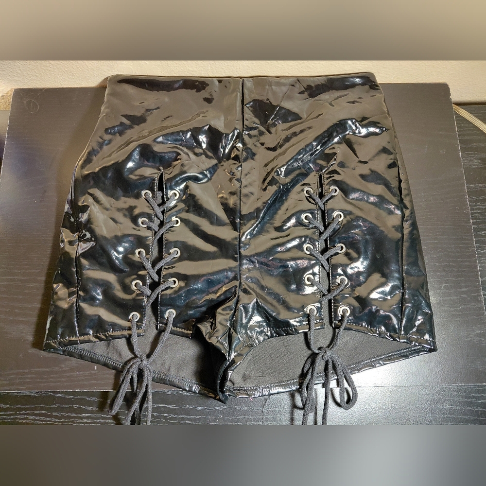 Womens Faux Patent Leather Lace Up Shorts